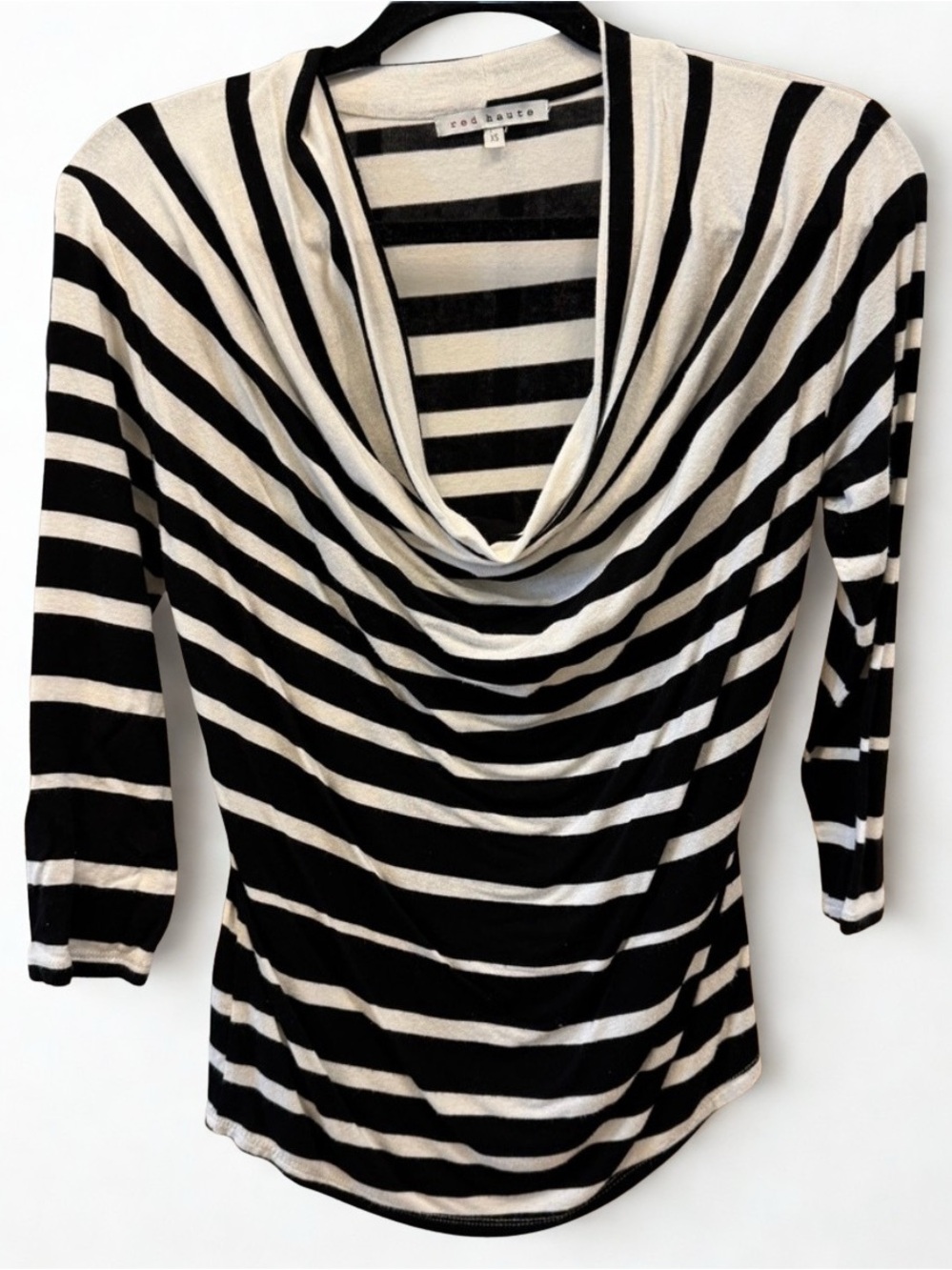 Price Firm. Red Haute Black and White Striped Cowl Neck Top, Size XS in EUC.